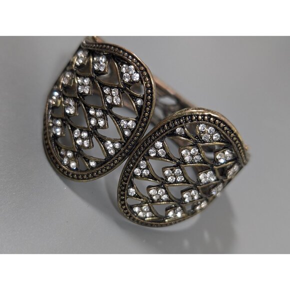 Bronze tone Art Deco Rhinestone Fan Wide Hinge Cuff Bracelet Statement 6" - Picture 2 of 8